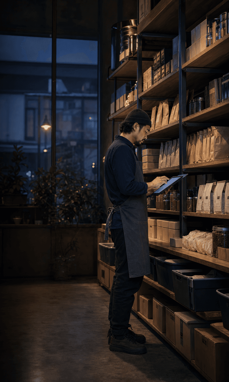 A small-business owner reviewing inventory beside organized stock shelves